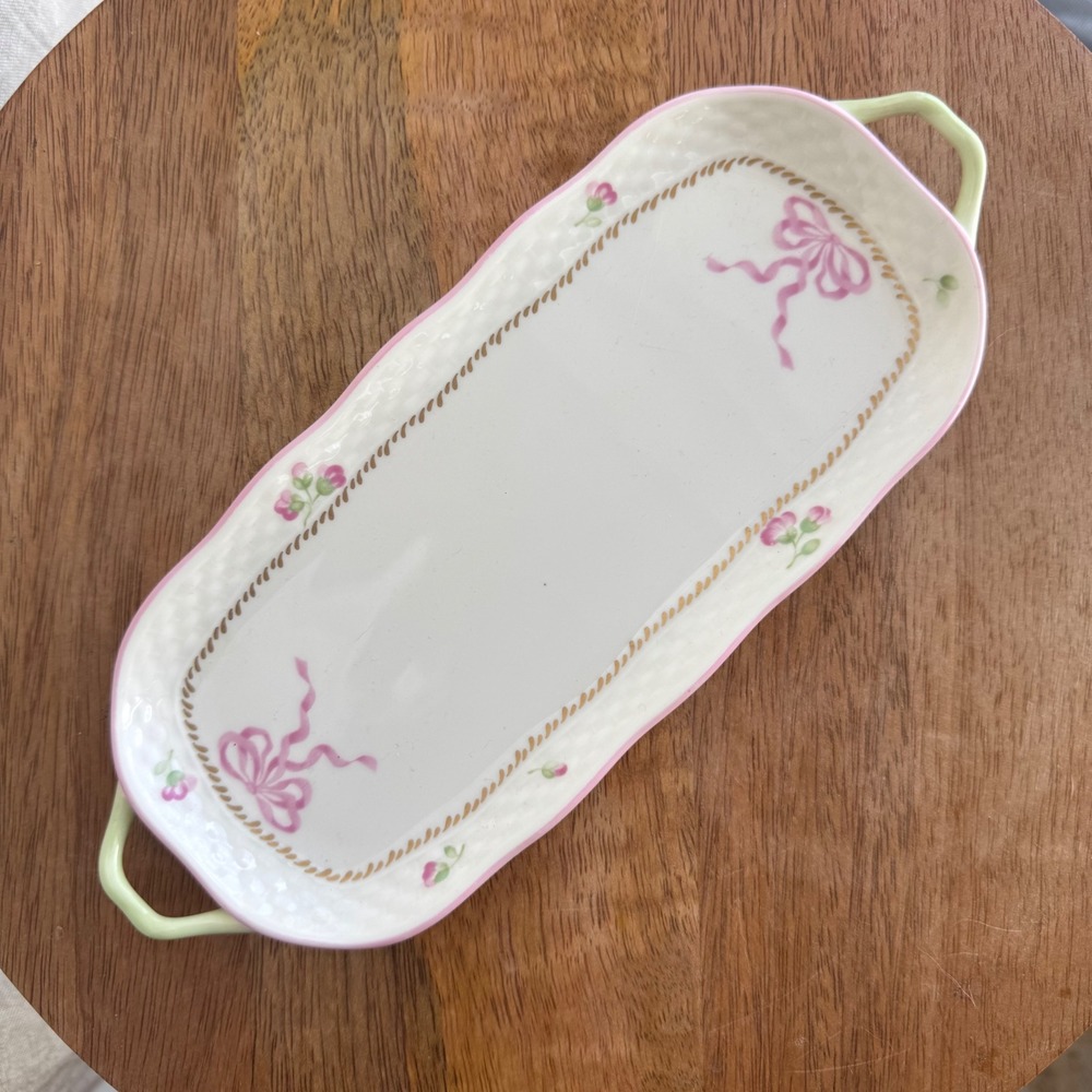 VTG 90s Lenox Petite Suite Trinket Tray Pink Bows Floral Handled 9 In Bone China